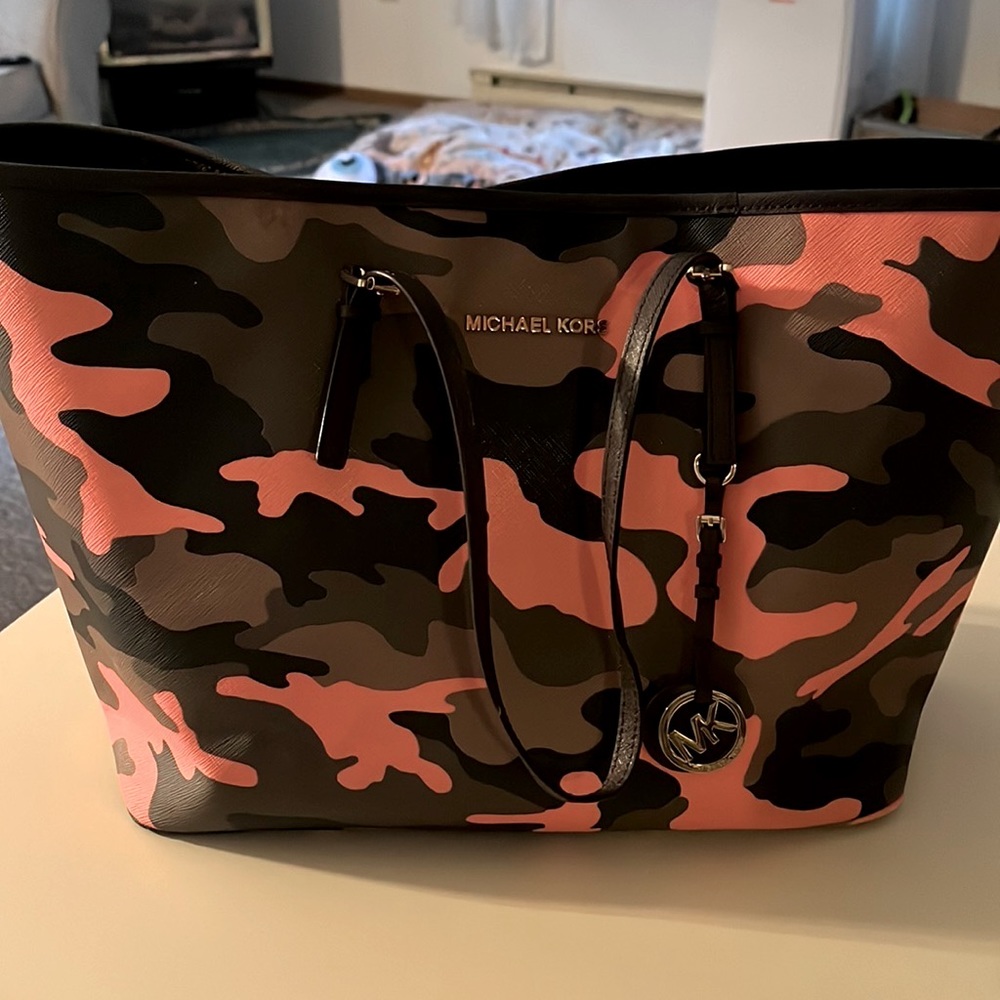 Used MK orange green camo tote